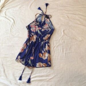 MINKPINK, XS, Blue Floral Halter Romper with Tassel Ties